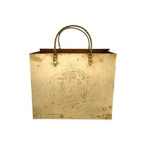 Brass Shopping Bag with Oriental Etched Scene Basket Magazine /Book Holder